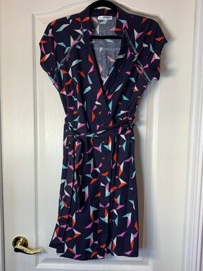 Caroline Villamarin Designer Geometric Wrap Dress Navy‎ Retro Print Belted  12